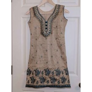 Handmade Embroidered Kurti Tunic Womens Small Teal Gold Boho Ethnic Sleeveless